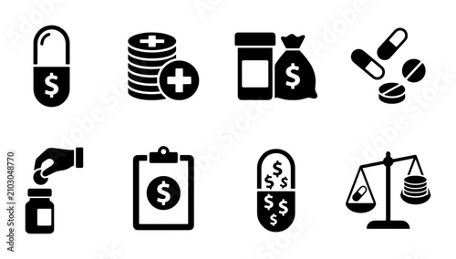 Healthcare Finance Icons: Medical Costs, Pharmacy Bills, Investment, and Insurance Concepts