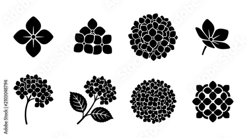 Hydrangea Flower Icons, Botanical Vector Graphics, Floral Decorative Elements, Japanese Mon Style