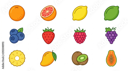 Collection of Fresh Fruits and Berries in a Grid Layout.