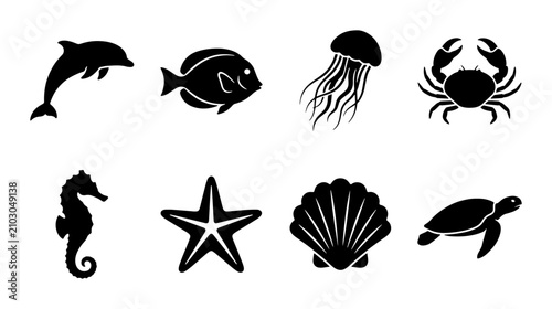 Photos Ocean Life Icons Set, Marine Animals Vector Graphics, Sea Creatures Silhouette C