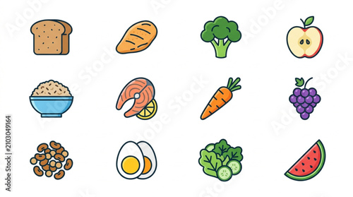 Healthy Food Icons Representing Balanced Nutrition And Diet.