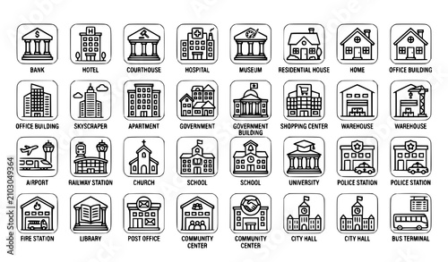 Building and City Architecture Thin Line Icons Vector Illustration Set