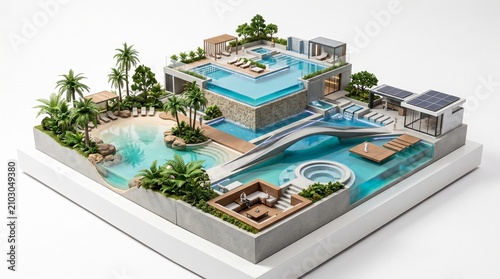 Exquisite Miniature Model of a Luxury Resort with Infinity Pools, Lush Landscaping, and Modern Architecture