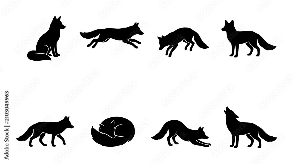 Obraz premium Fox Silhouettes Vector Set, Woodland Animal Poses, Wildlife Art, Nature Graphics, Black and White