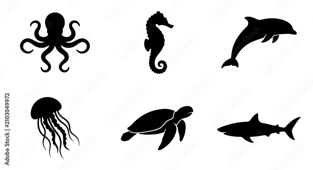 Fototapeta premium 70 Marine animal silhouette set with 6 vector icons, black sea creature shapes including octopus and shark, aquatic wildlife collection for logos 100