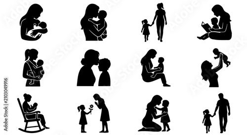 Obraz na płótnie 70 Motherhood silhouette collection, 12 black vector icons of mother and child,