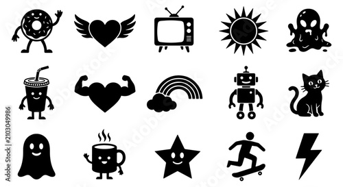 Cuadro en lienzo 70 Retro cartoon sticker set, 15 black silhouette icons in vintage rubber hose s
