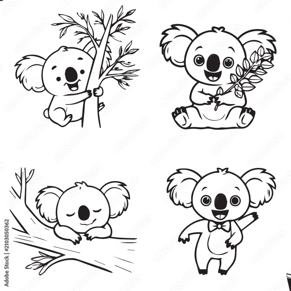 Obraz premium Four cute cartoon koalas in different poses with eucalyptus leaves baby animal eucalyptus leaf koala bear