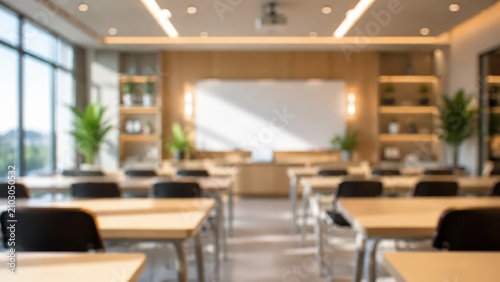 blurred classroom interior education background lecture hall training room university study space desks chairs academic environment