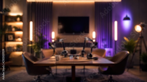 Podcast studio blurred background broadcasting equipment microphones table headphones professional radio station recording room purple lighting