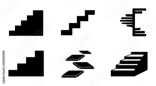 Fotografi Staircase Icons Collection: Step Up, Spiral, Isometric Stairs, Path, Vector Grap