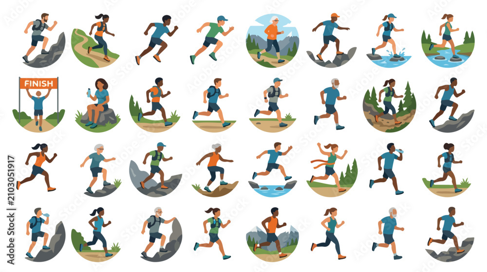 Obraz premium Collection of Diverse People Running in Various Landscapes and Outdoor Environments.