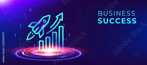 Business Success neon vector featuring a rocket launch and rising bar chart to represent growth and future achievement. A modern glowing, business presentations, marketing materials, ai 