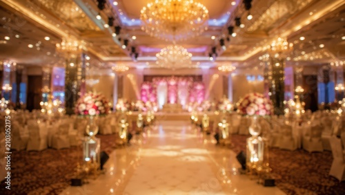 Luxury wedding ballroom blurred background bokeh golden reception hall elegant event party celebration banquet stage chandeliers floral decor