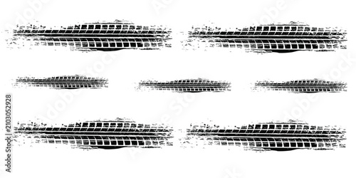 Tire tread marks, drift, motorsport, motocross, rally, tread mark with skid, grinding, splash effect. Graphic set of tire treads, wheel texture, car racing. Vector collection, wheel treads on asphalt