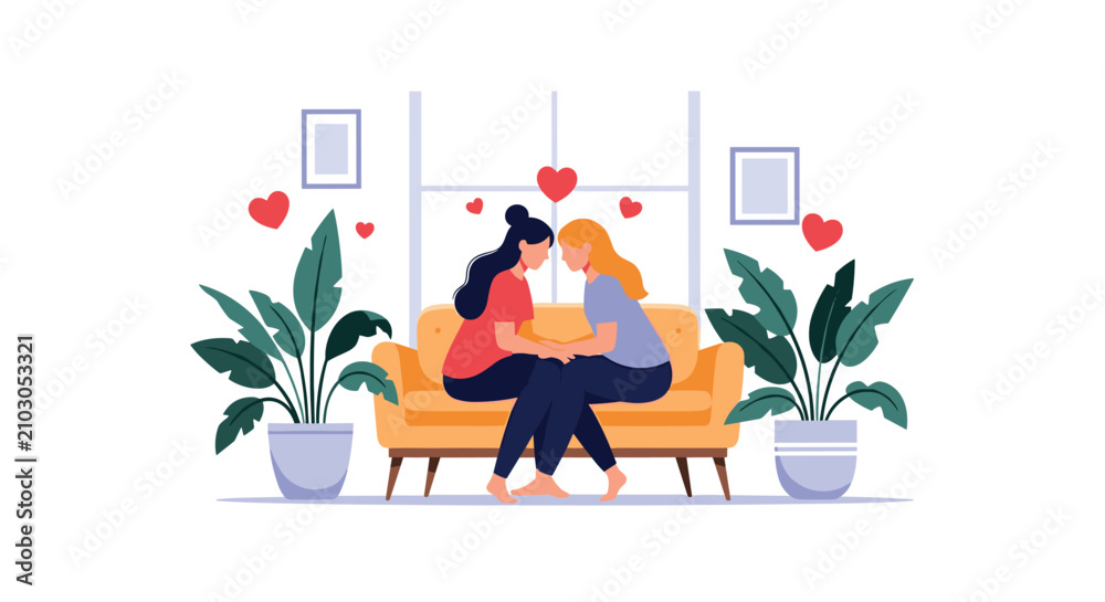 Fototapeta premium Happy lesbian couple holding hands on a sofa in a cozy living room surrounded by floating red love hearts.