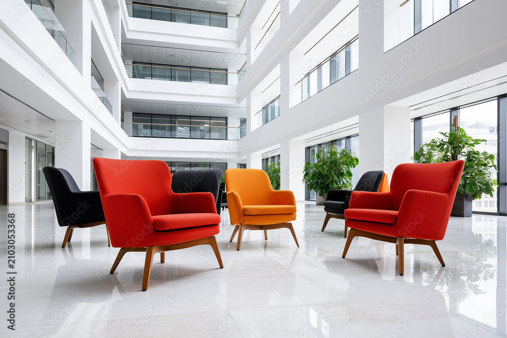 Fototapeta premium Modern office lobby with colorful armchairs in a bright atrium