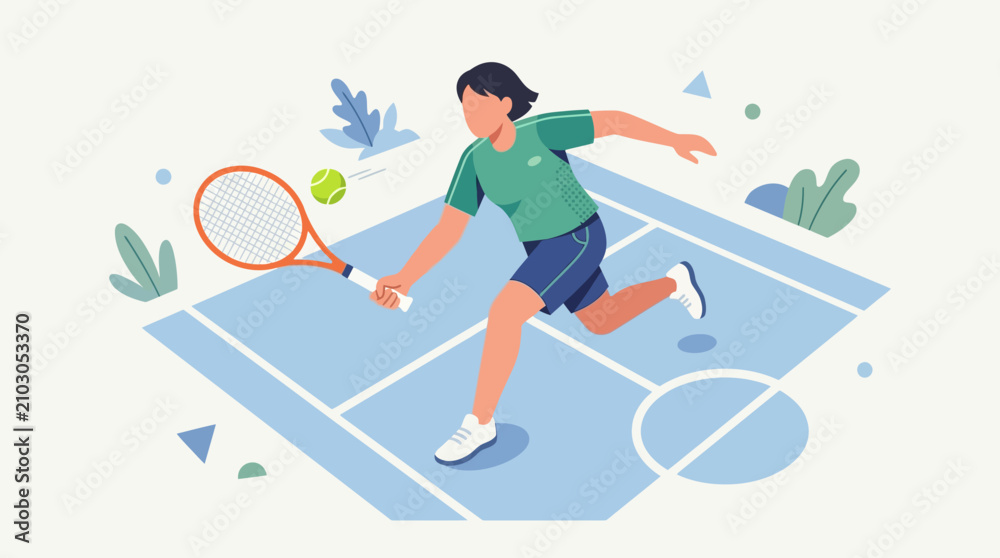 Fototapeta premium Tennis player runs across the court to return a yellow ball during a recreational game.