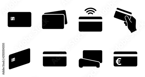 Fotografie Payment Card Icons Set: Credit, Debit, Contactless, NFC, POS Terminal, Euro Symb