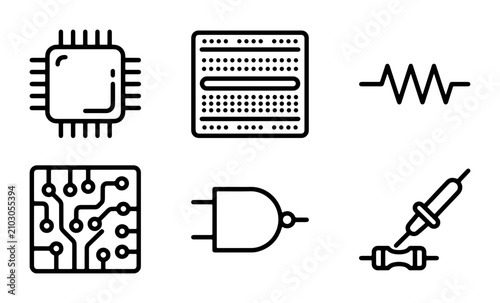 Bild auf Leinwand Electronic Components Icons Set, Microchip, Breadboard, Resistor, Circuit Board,
