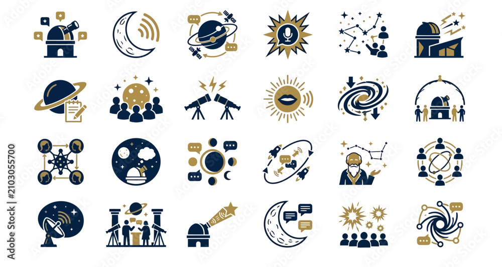 Fototapeta premium Astronomy icons featuring telescopes, planets, stars, and stargazing activities featuring telescope, moon, galaxy