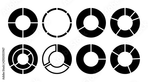 Bild auf Leinwand Set of 8 Black and White Donut Charts, Pie Chart Icons, Data Visualization Eleme