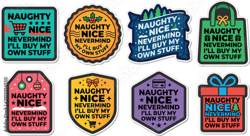 Konstfotografi Christmas holiday shopping stickers vector bundle featuring funny naughty nice n