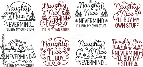 Canvas-taulu Christmas holiday typography vector bundle featuring naughty nice nevermind humo