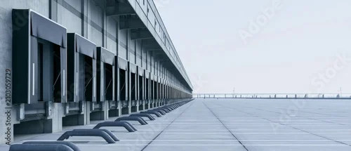 Panel kuchenny z motywem Empty loading dock at a warehouse during daytime with long concrete structure and distant horizon