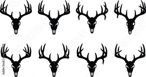 Deer Skull with Large Antlers Silhouette Icon Set, Trophy Buck Head Vector Collection
