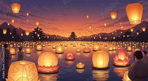 Sky Lanterns on Lake.