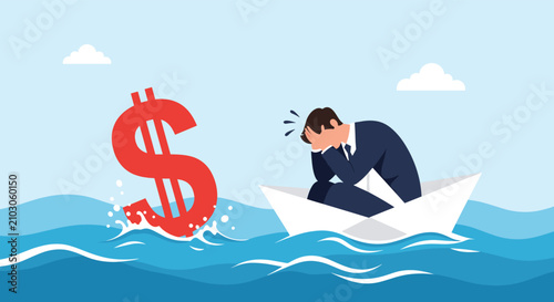 Stressed businessman sits in a paper boat while watching a large red dollar sign sink into the deep blue sea.