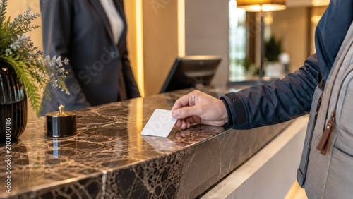 Guest checking in at a luxury hotel reception desk with check in reception check-in hospitality business accommodation professional interaction