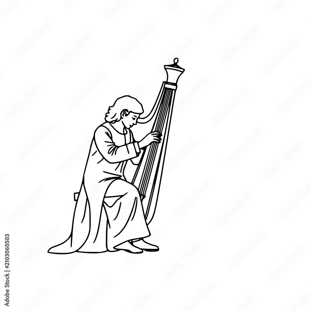 Obraz premium Continuous line drawing of a person playing a harpsichord set with Baroque musical art featuring minimalist thin line and white background