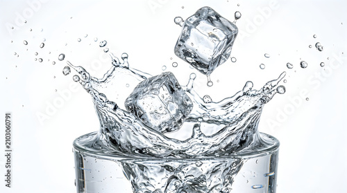 Ice cubes falling into a glass of water creating a large splash