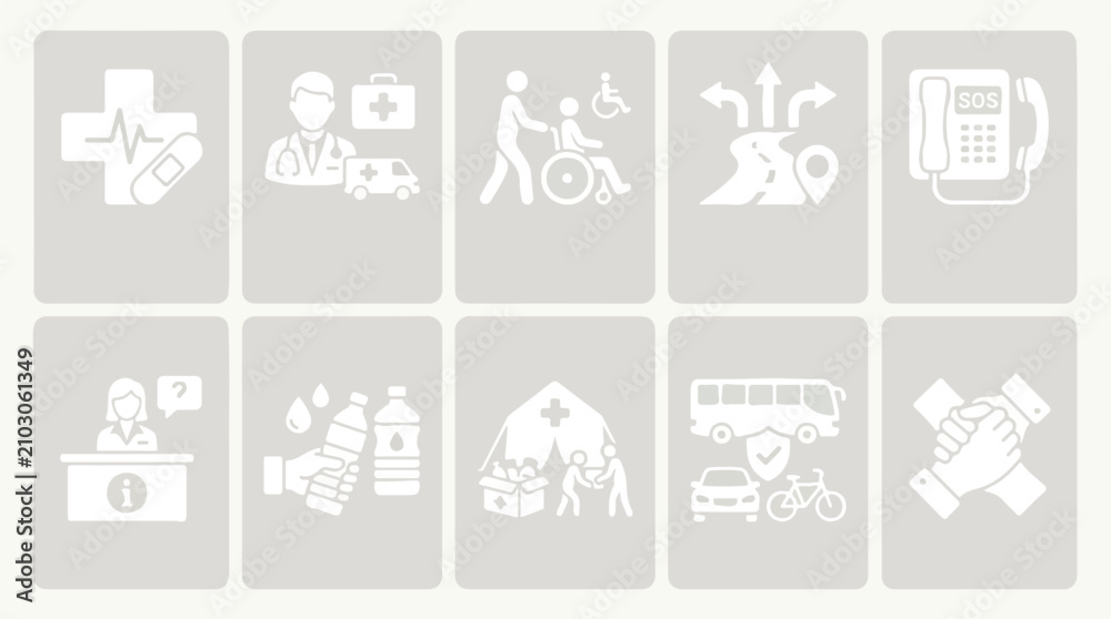 Fototapeta premium Set of ten medical and transportation assistance service icons.
