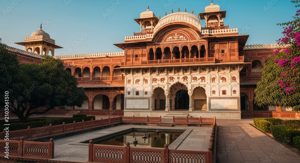 Fototapeta premium Indian architectural marvel with intricate elephants, arches, and courtyard.