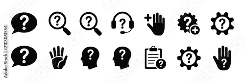 Question mark icon buttons, asking, problem solving, confusion, query, information, FAQ, help, support, advice, guide, research, conversation, quiz symbols, editable vector illustration.
