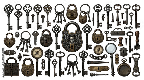 Vintage antique keys and ornate padlocks collection
