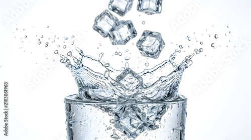 Ice cubes falling into a glass of water creating a large splash