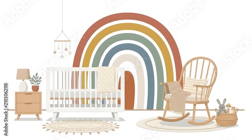 Boho style baby nursery room interior with white crib, wooden rocking chair and rainbow wall mural.