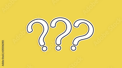 Cuadro en lienzo Three white question marks on a yellow background represent question time, multiple questions, frequently asked questions, and problem solving