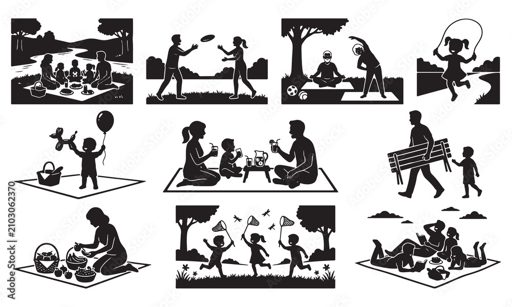 Fototapeta premium Collection of black silhouettes featuring families and children enjoying outdoor recreation, picnics, yoga, playing with frisbees, and jumping rope on a white background, set