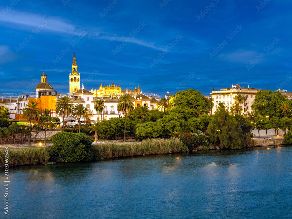 Fototapeta premium the Real Maestranza, Seville's bullring, on the shores of the Guadalquivir river with the bell tower of the cathedral in the background, Seville, Andalusia, Spain