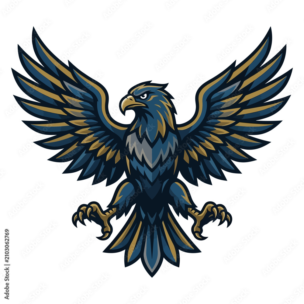 Obraz premium Majestic Eagle Avatar - Dark Blue, Gold Wings, Fierce Gaze, Symbol of Power