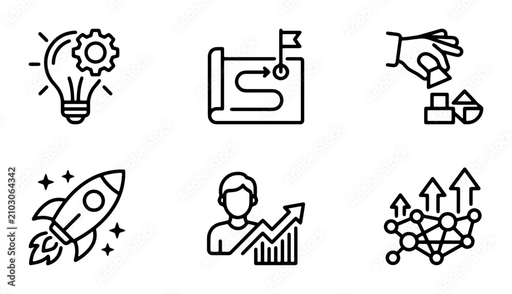 Fototapeta premium Business Strategy Icons: Idea, Planning, Development, Launch, Growth, Network. Vector Set