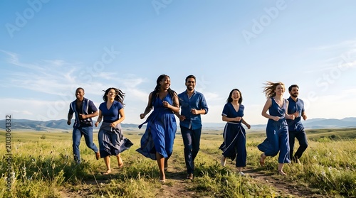 Group of young women in blue dresses in a nature field