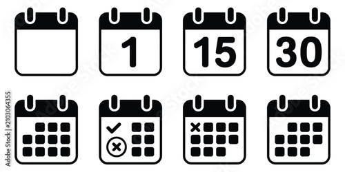 Calendar icons featuring modern minimalist black and white designs for date management, scheduling, event planning, and productivity applications