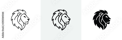 Lion head icon set with detailed mane, powerful wildlife symbol in three distinct styles for various applications.