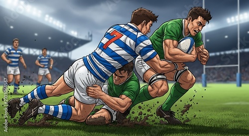 Rugby tackle action.